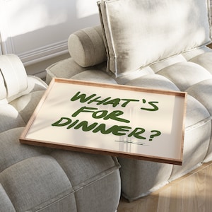 フレーム付き What's For Dinner 横長プリント、ミッドセンチュリープリント、タイポグラフィプリント、キッチンウォールアート、細幅プリント、手書きフォント、グリーン