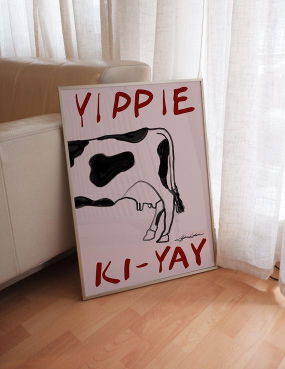 Yippie Ki Yay Cow Poster, Southwestern Art, Pink and Red Art for Gallery Wall
