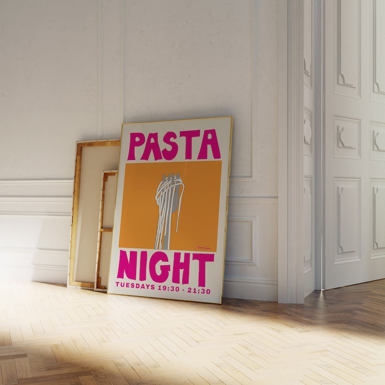 Pasta Night Poster Spaghetti Poster Food Print Modern Kitchen Decor Pasta Print Retro Wall Art Pop Art Food Print image 1