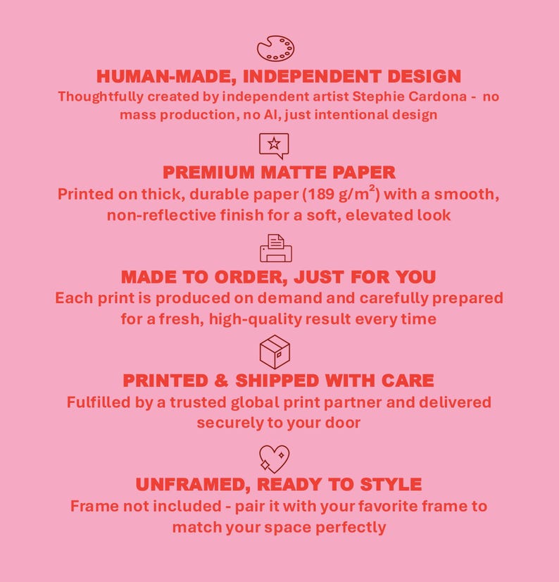 May include: A pink informational graphic featuring red text and icons. It details product specifications including human-made independent design, premium matte paper at 189 g/m2, made-to-order production, careful shipping, and an unframed status.