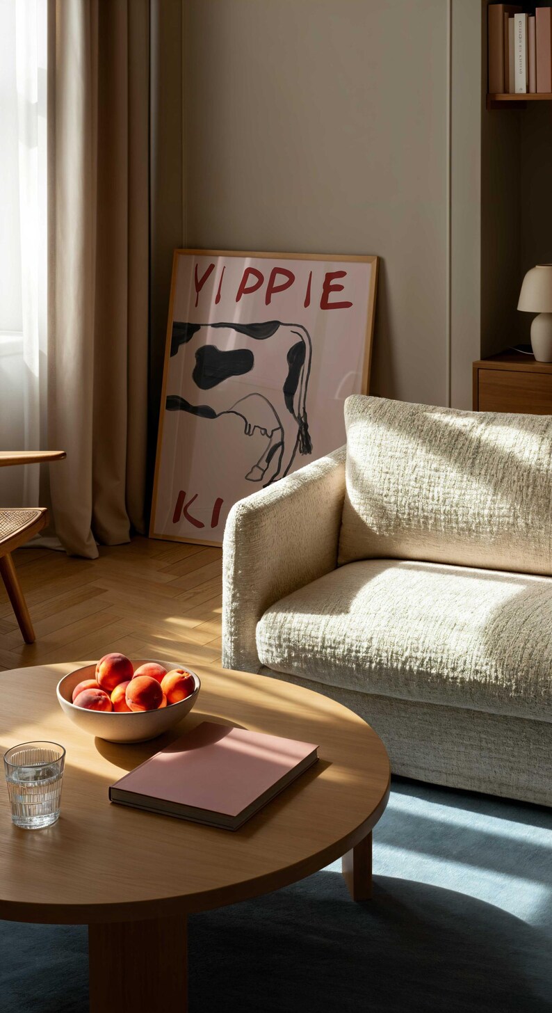 Op de afbeelding: Een woonkamer met een ronde houten salontafel met een kom perziken, een roze boek en een glas water. Een beige bank en een ingelijste poster met een koe-illustratie en de woorden "YIPPIE KI" zijn ook zichtbaar.