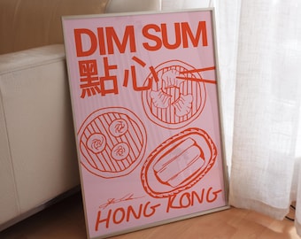 Dim Sum Poster: Retro Asian Food Illustration, Modern Kitchen Wall Art, Pink and Red