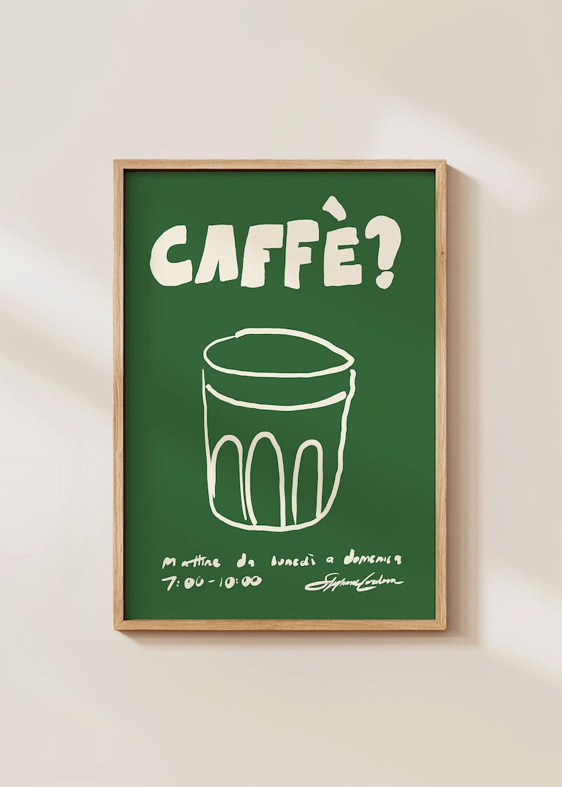 Caffe Coffee-poster: retro groene keukenprint, moderne Italiaanse muurkunst voor Coffee Station, minimalistische coole kunst voor café of restaurant afbeelding 4