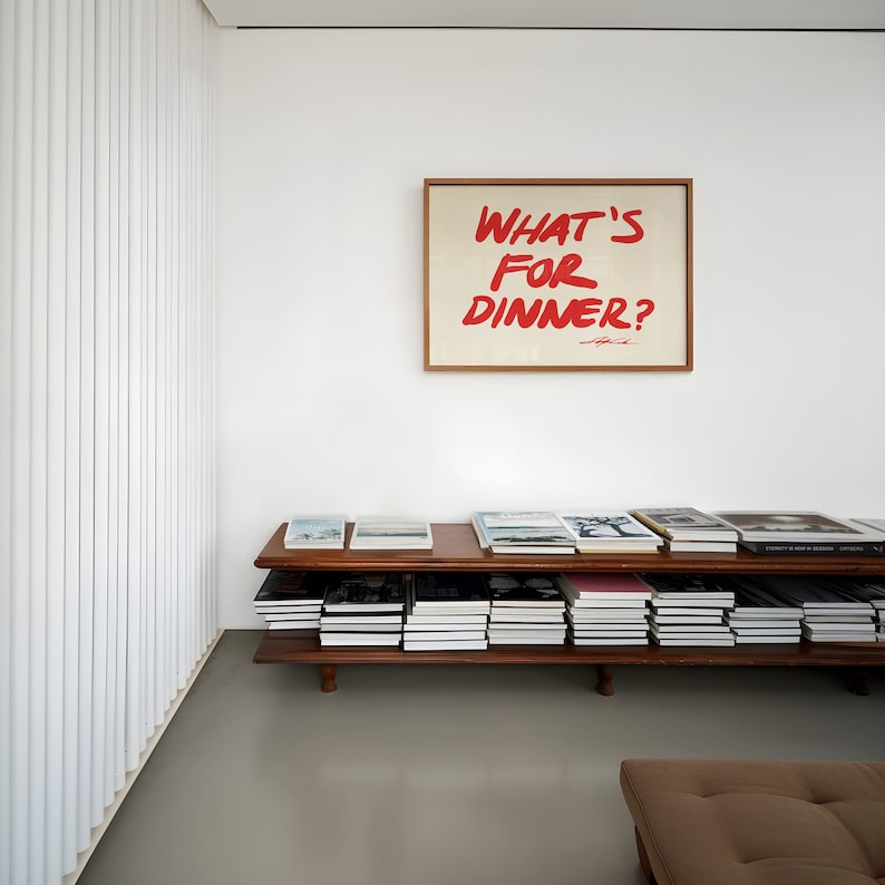 What's For Dinner Horizontal Print, Mid Century Print, Aesthetic art, Bauhaus Print, Typography Print, Kitchen wall art, Narrow Print, Red