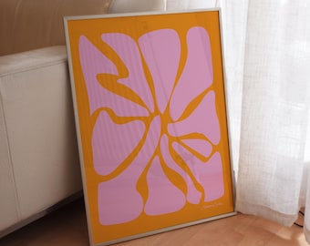 70s Groovy Floral Print, Orange and Pink Abstract Gallery Wall Art