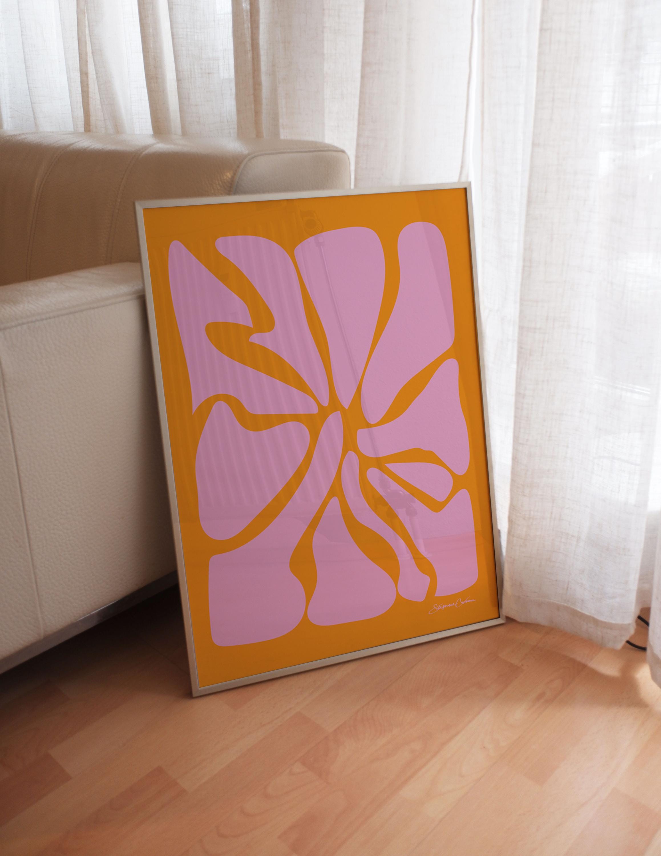 70s Groovy Floral Print, Orange and Pink Abstract Gallery Wall Art