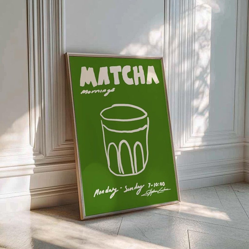 trendy hand drawn illustration kitchen bar cart wall art mid century modern matcha