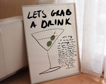 Let’s Grab a Drink - Hand Drawn Martini Print: Retro Mid Century Bar Cart Art