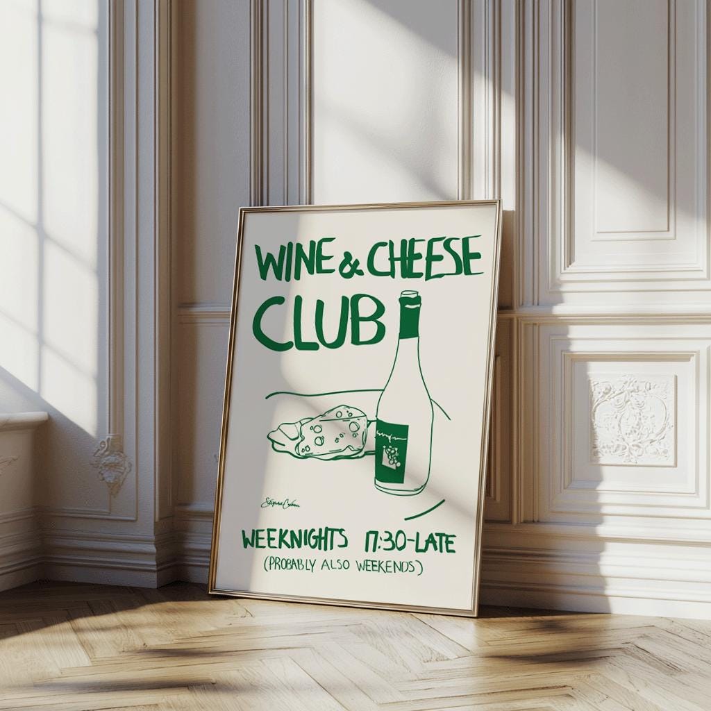 Wine and Cheese Club Poster, Vintage Food Poster, Retro Bar Cart Art, Mid Century Modern, Modern Kitchen Wall Art, Kitchen Prints, Green