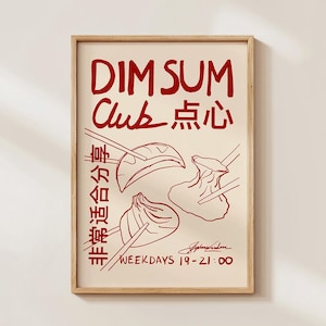 Dim Sum Club, Retro Food Poster, Dumplings,  Bar Cart Art, Trendy Kitchen Wall Art, Asian Wall Art, Chinese Print, Vintage Food Print, Red