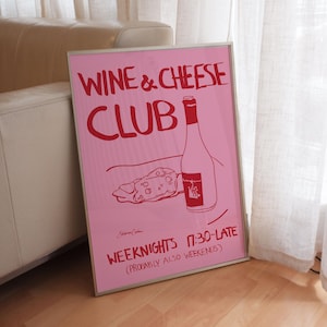 Wine and Cheese Club Poster: Vintage Kitchen Wall Art, Pink and Red