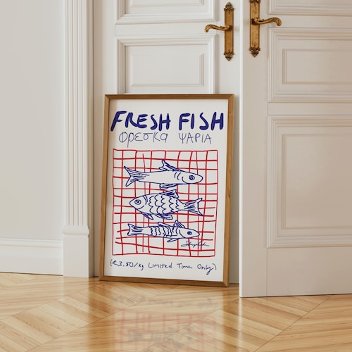 Impression de poisson frais : décoration murale de cuisine moderne milieu de siècle, impression d'art côtière de marché aux poissons, affiche de plage rétro, impression de fruits de mer pour les restaurants