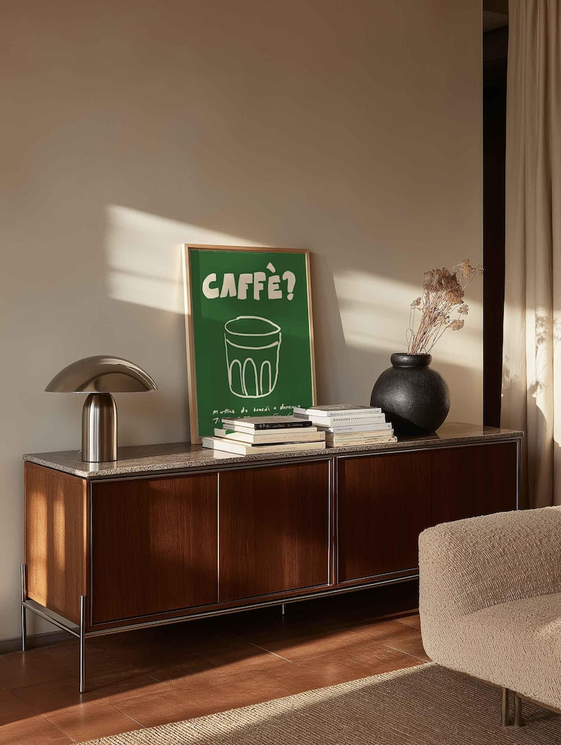 Caffe Coffee-poster: retro groene keukenprint, moderne Italiaanse muurkunst voor Coffee Station, minimalistische coole kunst voor café of restaurant afbeelding 11