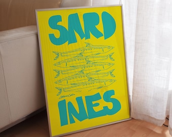 Sardines Art Print: Retro Food Illustration, Modern Kitchen Decor, Coastal Beachy Poster