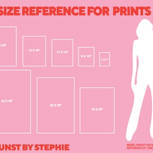 May include: Pink poster with white rectangular outlines indicating print sizes: 16 x 20 inches, 12 x 16 inches, 11 x 14 inches, 8 x 10 inches, 5 x 7 inches, 24 x 36 inches, 20 x 30 inches, and 18 x 24 inches. Text at the top reads "SIZE REFERENCE FOR PRINTS".