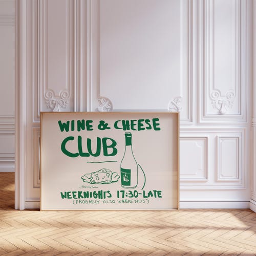 Poster orizzontale del Wine and Cheese Club: arte moderna di metà secolo per la cucina, decorazione murale lunga e stretta per sala da pranzo e carrello bar, tipografia chic