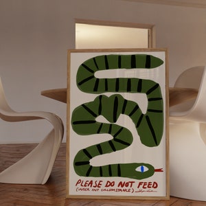 May include: A framed art print with a green snake illustration and black stripes. The snake has a blue eye and a red tongue. The text "PLEASE DO NOT FEED (UNDER ANY CIRCUMSTANCE)" is written in red below the snake.