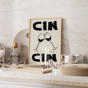 Cin Cin Print Retro Wine Print Bar Cart Art Retro Cocktail Poster Retro drink Print Vintage Wine Print Cheers Print B&W Print image 2