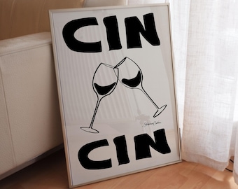 Cin Cin Wine Print: Retro Bar Cart Art, Minimalist Chic Poster