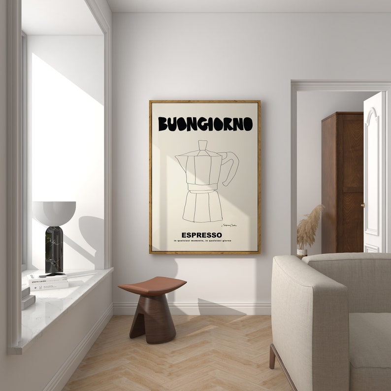 May include: A rectangular wall art print in a wooden frame featuring a black line drawing of a moka pot centered on a cream background. The text BUONGIORNO appears in large black letters at the top, with ESPRESSO and smaller text below.