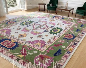 Handgeknüpfter Oushak-Teppich aus Wolle | Grün & Pink Türkischer Teppich