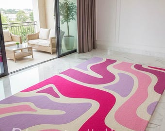 Hand Tufted Wool Rug | Abstract Pink Purple Wavy Design