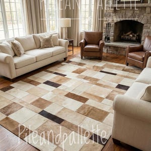 Modern Patchwork Cowhide Rug, Handmade Leather Area Rug, Beige Brown Geometric Living Room Carpet
