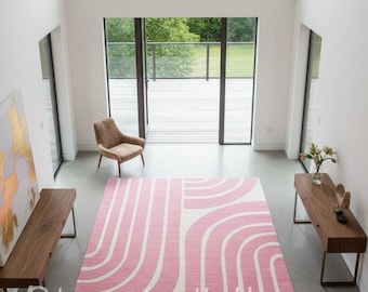 Pink Abstract Hand-Tufted Wool Rug, Modern Wavy Geometric Carpet