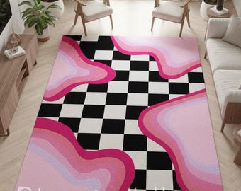 Hand Tufted Checkerboard Rug, Pink Wave Abstract Design