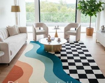 Handtuftad ullmatta, abstrakt schackrutig vågig design