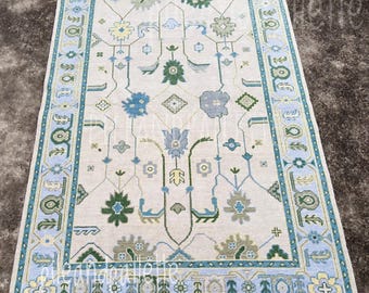 Hand-Knotted Wool Oushak Rug | Muted Blue & Green Floral Carpet