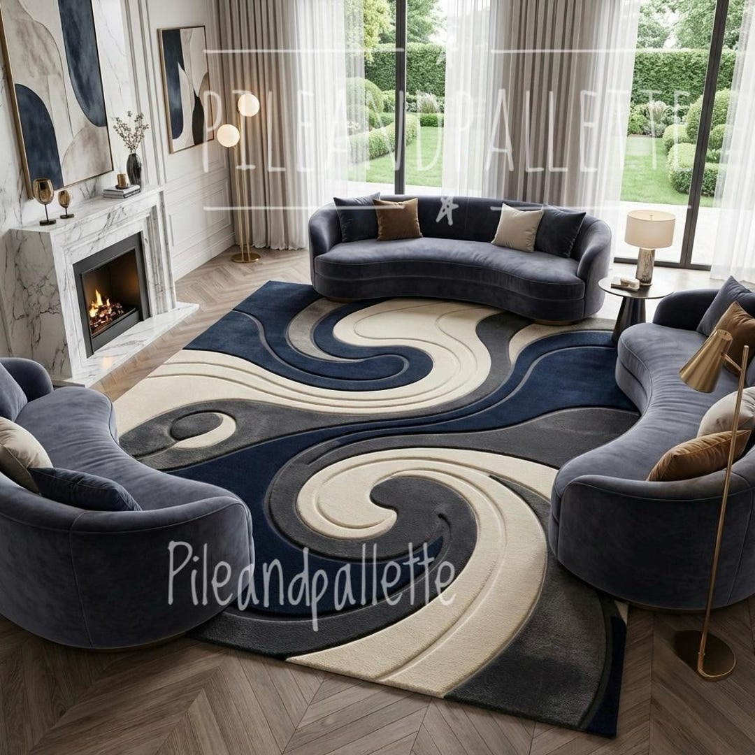 Hand Tufted Wool Abstract Swirl Rug, Modern Blue Cream Living Room ...