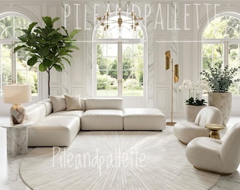 Luxury Round Leather Cowhide Rug, Modern Minimalist Neutral Area Rug, Handcrafted Designer Living Room Carpet
