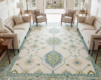Hand Knotted Oushak Wool Rug – Ivory, Blue, and Sage Green