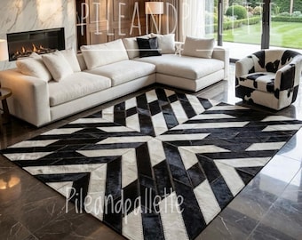 Black White Cowhide Rug, Geometric Patchwork Leather Rug, Modern Handmade Area Rug, Luxury Living Room Carpet