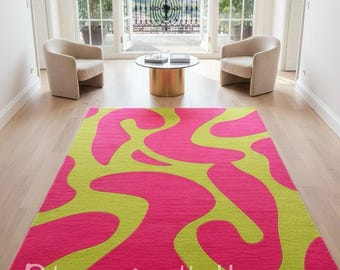 Hand Tufted Wool Abstract Rug, Pink & Green Wave Design
