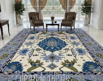 Hand-Knotted Wool Oushak Rug | Blue, Ivory, Sage Green