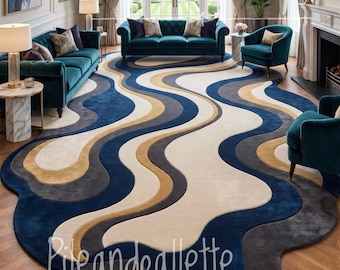 Tapete de luxo com ondas abstratas, tapete moderno tufado à mão, tapete esculpido em tons de azul e creme, tapete com formato orgânico.