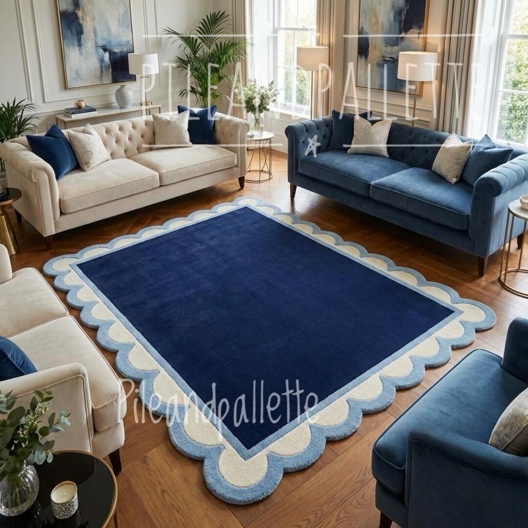 Hand Tufted Navy Blue Scalloped Wool Rug, Modern Living Room Carpet - Etsy
