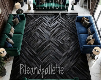 Black Leather Cowhide Rug, Geometric Herringbone Patchwork Carpet, Modern Luxury Home Decor