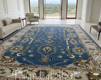 Alfombra Oushak azul anudada a mano / Alfombra turca grande de lana