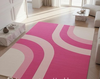 Pink Abstract Wool Rug, Modern Wavy Hand Tufted Carpet