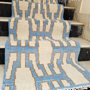 Hand Knotted Wool Oushak Rug, Blue Ivory Geometric Runner - Etsy UK