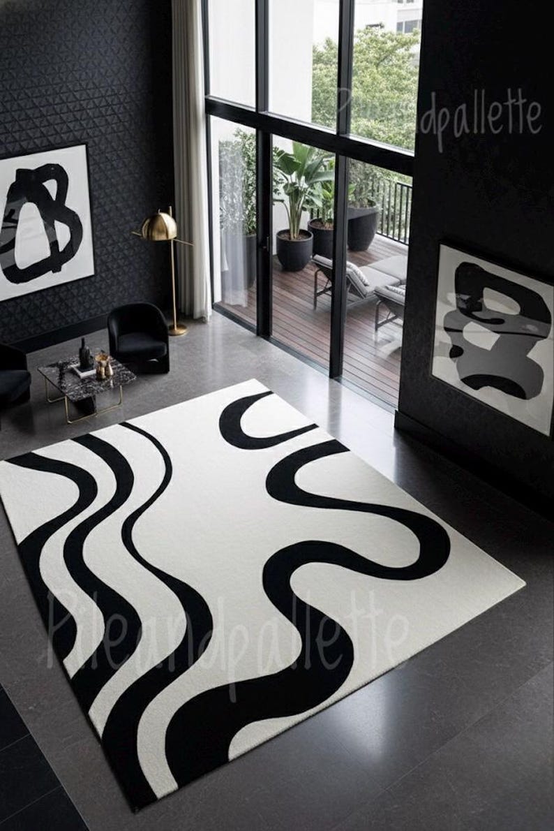 Modern Abstract Wavy Rug – Black and White Tufted Carpet - Etsy