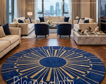 Alfombra redonda de lana tejida a mano, diseño geométrico azul y dorado, alfombra para sala de estar.