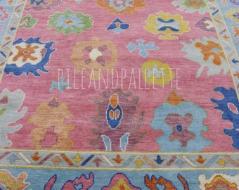 Hand-Knotted Wool Oushak Rug | Pink Floral Turkish Style