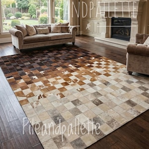 Alfombra de patchwork de piel de vaca hecha a mano: Alfombra de área de cuero con degradado marrón y beige