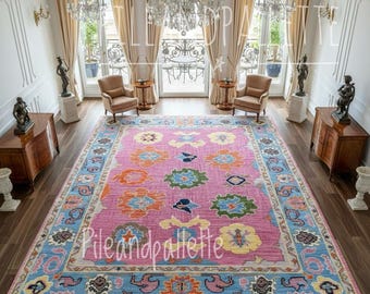 Hand-Knotted Oushak Wool Rug | Pink & Blue Floral Turkish Carpet
