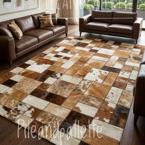 Handmade Cowhide Patchwork Rug, Geometric Leather Area Carpet, Brown Beige Tones