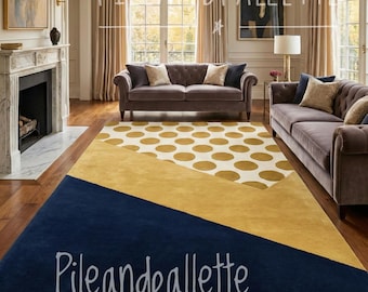 Hand Tufted Wool Rug, Mustard Yellow Navy Blue Geometric Polka Dot Carpet